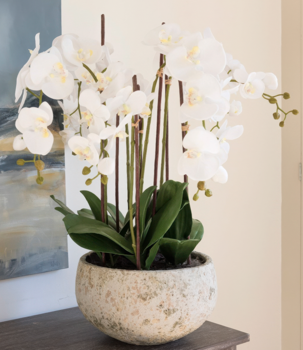 Luxury artificial orchid arrangement in stone pot by Artificial Green