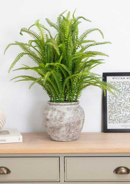 Realistic artificial boston fern plant in rustic distressed vintage style pot
